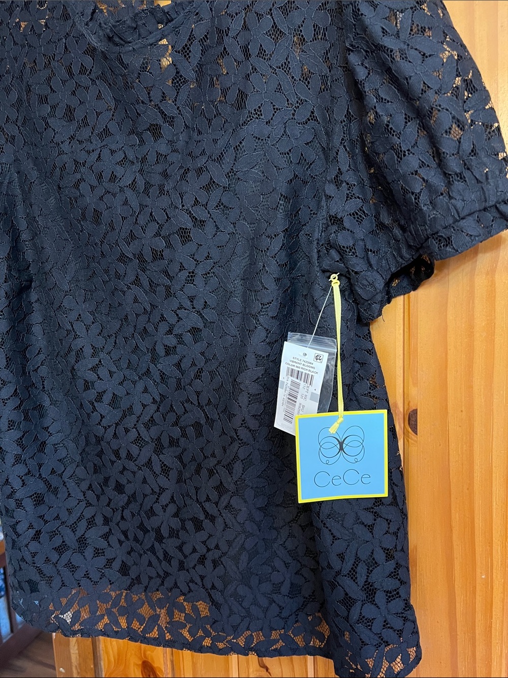 CeCe Black Floral Lace Short Sleeve Top - Picture 4 of 5